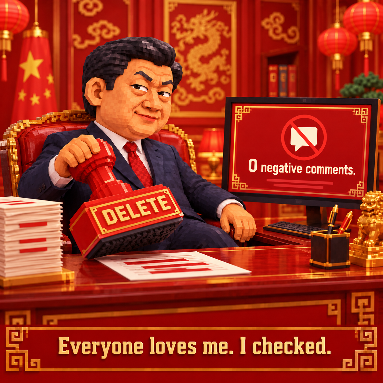 Jean Ping at an ornate desk holding a giant DELETE stamp, a monitor reading 0 negative comments. Caption: Everyone loves me. I checked.