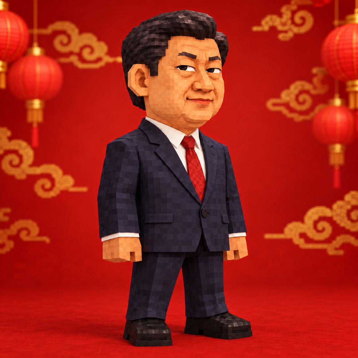 Jean Ping, a voxel-style parody character in a navy suit and red tie, smirking