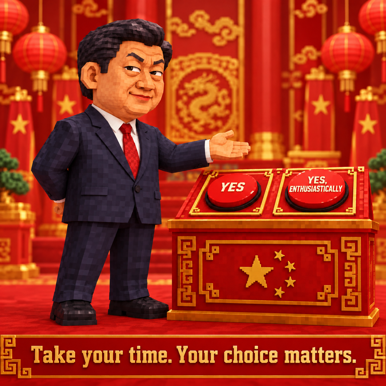 Jean Ping gestures at a ballot box with two buttons: YES and YES, ENTHUSIASTICALLY. Caption: Take your time. Your choice matters.